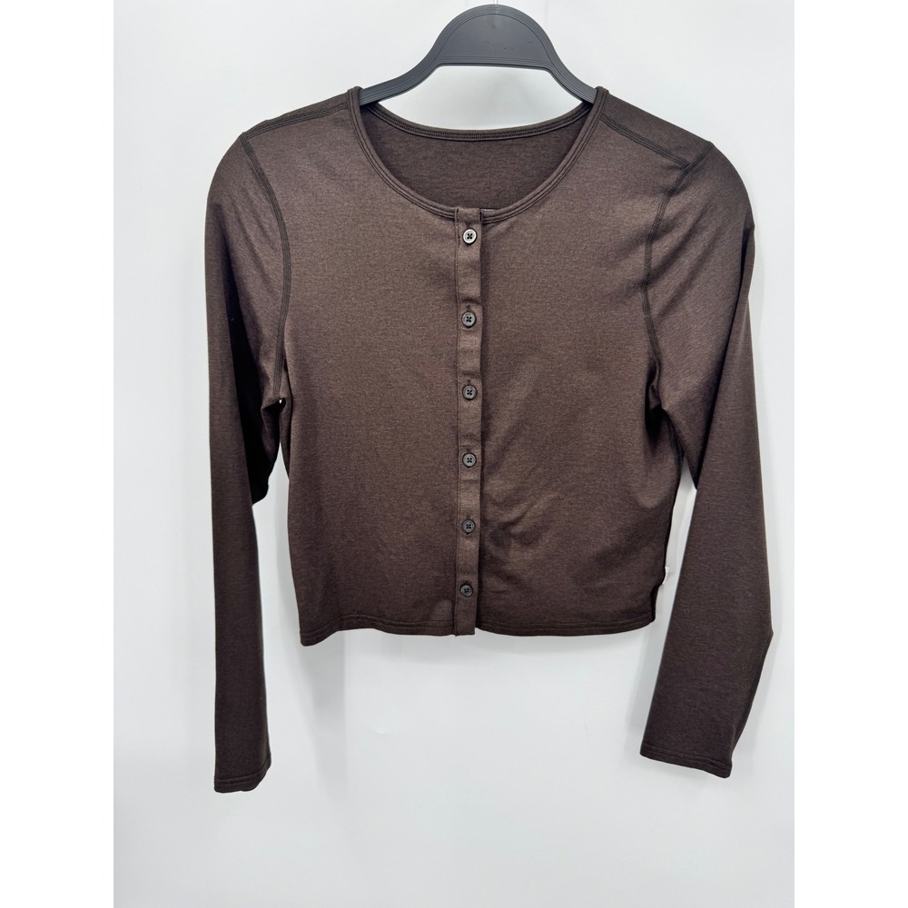 Vuori Pose Twin Cardigan Women Small Brown Long Sleeve Cropped Button Front